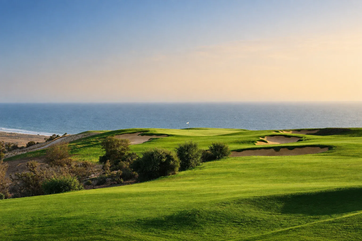 Clifftop fairway at Tazegzout Golf Club above the Atlantic at Taghazout Bay near Agadir